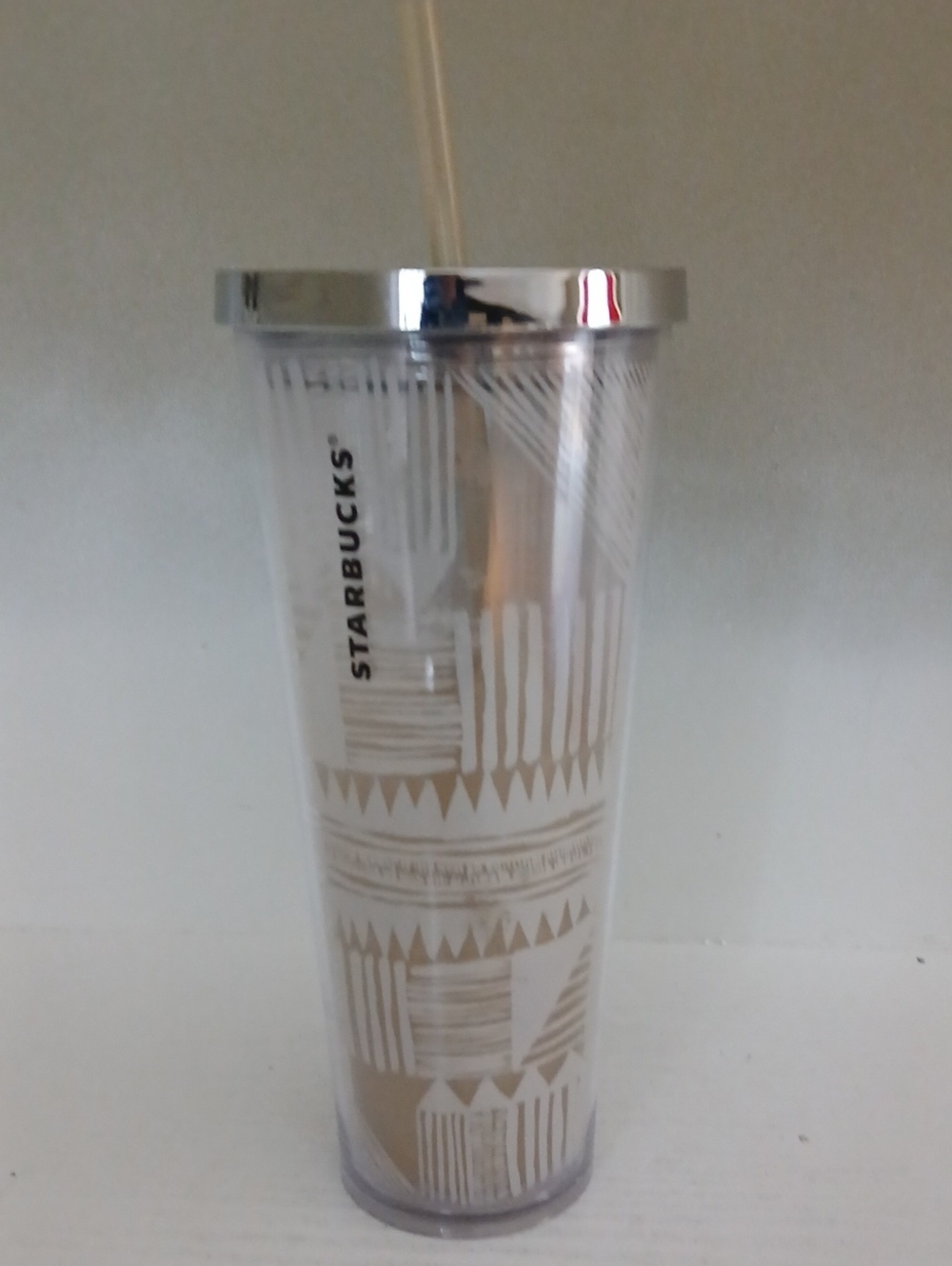 Starbucks Clear Acrylic Tumbler with White Geometric Pattern and Silver Lid